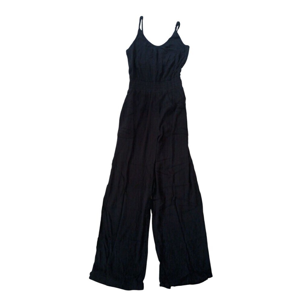 prAna Fernie Jumpsuit Womens Medium Black Smocked Waist Crinkle Relaxed Wide Leg - Picture 10 of 12